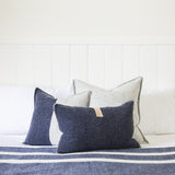 NAVY / GREY MERINO WOOL BLEND CUSHION WITH LEATHER 45cm x 45cm