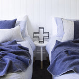 NAVY / GREY MERINO WOOL BLEND CUSHION WITH LEATHER 45cm x 45cm