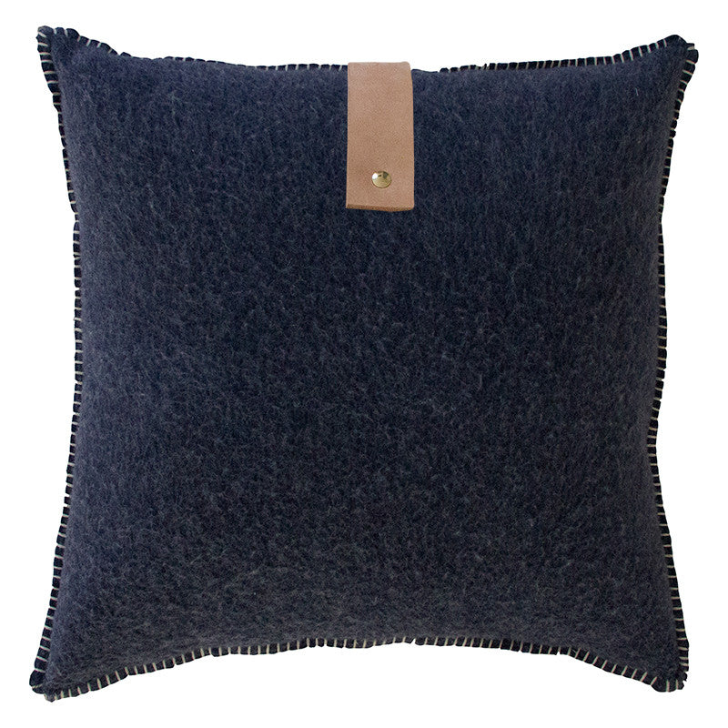 NAVY MERINO WOOL BLEND CUSHION WITH LEATHER 55cm x 55cm