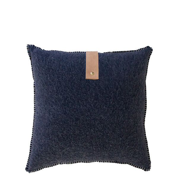 NAVY MERINO WOOL BLEND CUSHION WITH LEATHER 45cm x 45cm